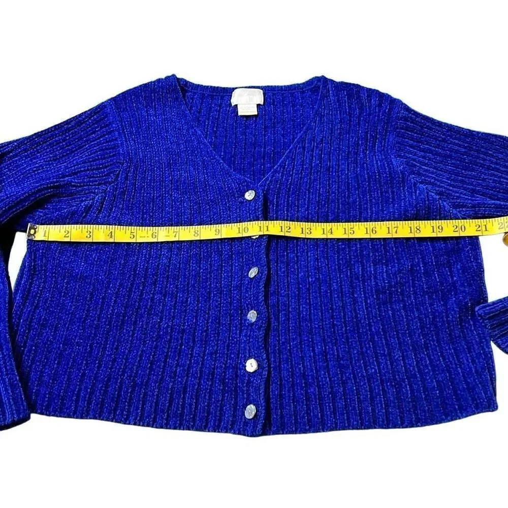Moda Int'l Women's Blue Button Front Cropped Ribbed Cardigan Sweater Large